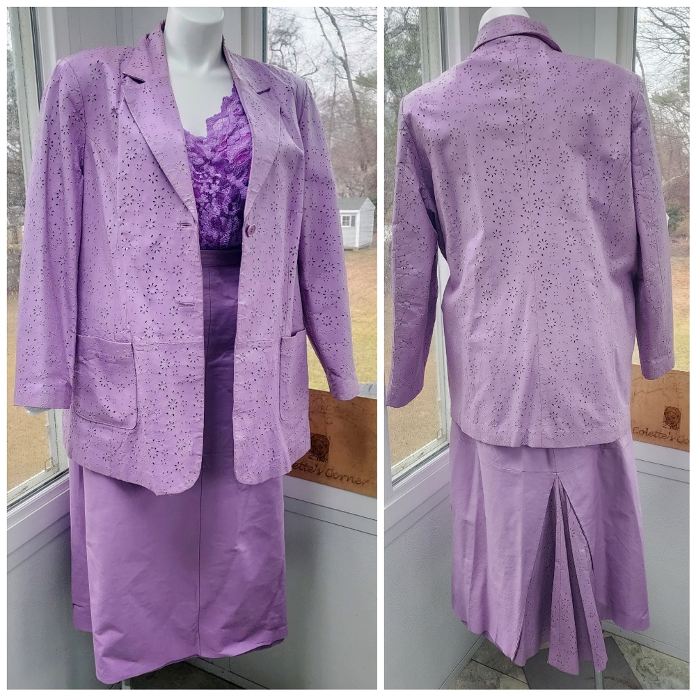 Leather Jacket Roaman’s Leather Lilac Eyelet Blazer & Box Pleated Maxi Skirt Set - Picture 2 of 15
